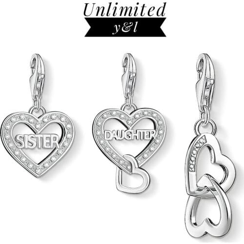 Sister Daughter Heart to Heart Love Charms for Jewelry Making 925 Sterling Silver Letter Pendant Jewelry Fit Bracelet Necklace