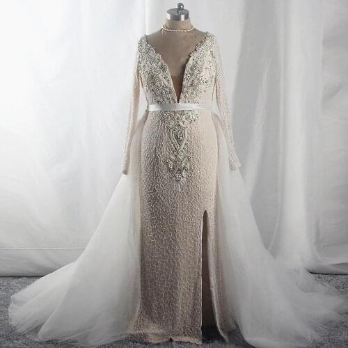 RSW1698 Luxury Heavy Beaded Detachable Skirt Split Open Skirt Long Sleeve Backless V Neck Wedding Dress Plus Size