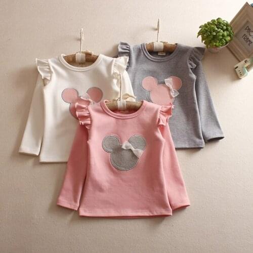 Lovely cozy little girls shirt fall ruffles lace sleeve cartoon mouse design toddler shirt blouse cotton toddler baby shirt tops