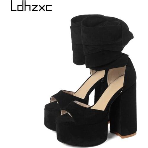 LDHZXC Open Toe Platform Sandals Women Chunky Heel Gladiator Shoes T-tied Thick Waterproof Nightclub Party Wedding High Heels