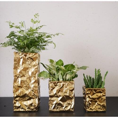 Modern Creative ceramic vase Hand-plated silver gold pleated vases Flower Arrangement Wedding art Vases Home decoration