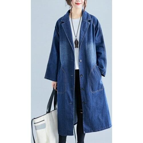 2020 Spring Autumn New Long Trench Coat Women Korean Long Sleeve Big Pocket Denim Windbreaker Women Vintage Solid Overcoat H424