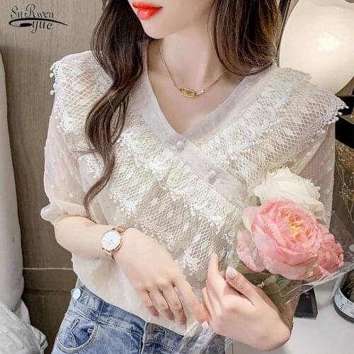 2021 Summer French Retro Women Blouse V-neck Lace Polka Dot Bubble Short Sleeve Ruffle Tops Slim Jacquard Chiffon Shirt 15247