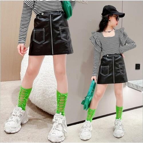 2021 Korean style girls pu leather skirt autumn fashion girls skirt 4-9t B780