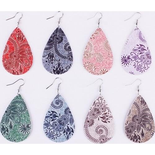 Print Paisley Floral Leaves Leather Teardrop Earrings for Women Water Drops Shape Unique Gift Dropshipping