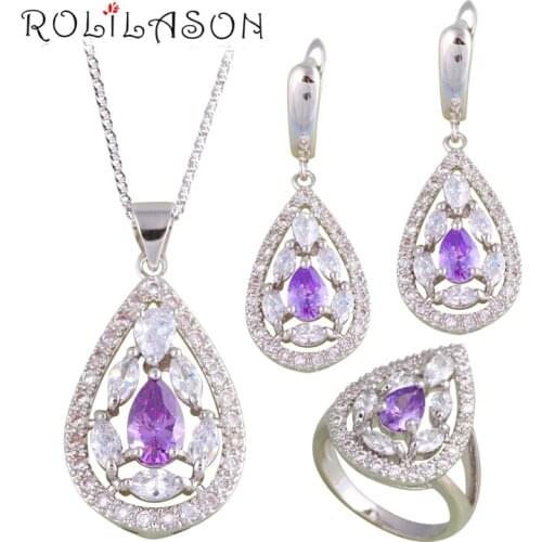 ROLILASON Engagement for Lover Purple Zircon silver plated Stamped Sets Earring Necklace Pendant Rings Fashion Jewelry JS684