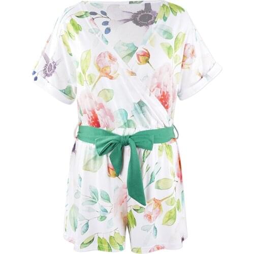 Neatie kiddie Fashion Lady Summer Floral Print Women Rompers Onesies Sleepwear V-neck Short Sleeve Sashes Sexy Romper