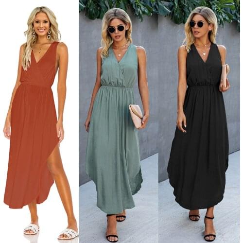 Women Summer dress 2021 new fashion pure color v-neck sleeveless sexy women mid calf dresses vestido de mujer ONYLQ212S5124