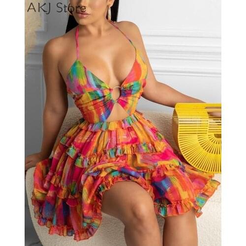 Women Deep V-Neck Print Hollow Halter Sleeveless A-Line Dress