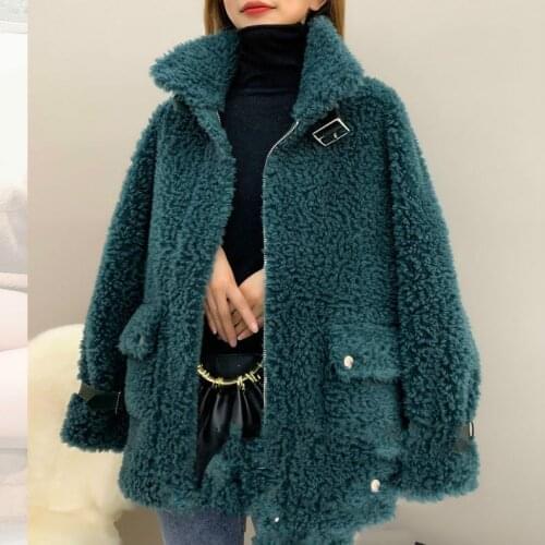 Women Autumn Winter Warm Faux deerskin lining with real sheep shearing stitching Coats Female Lamb Fur Plush Jacket Outercoat