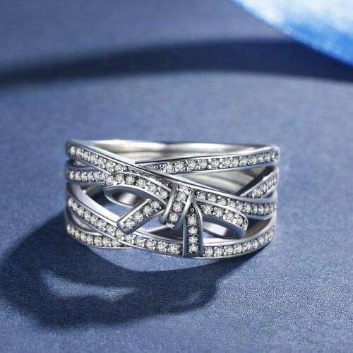 100% 925 Sterling Silver Pan Ring New Classic Cross Blend Fashion Gorgeous Bow Ring For Women Wedding Party Fashion Jewelry