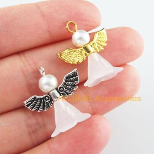 15Pcs Retro Gold Tibetan Silver Tone White Acrylic Angel Charms Pendants 21.5x24mm