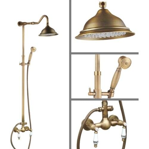 Antique Brass Wall Mounted Bathroom Rain Shower Faucet Shower Head Set Mixer Tap Dual Ceramic Handles Levers man501