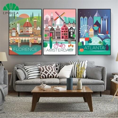 Free shipping Paris London Atlanta Florence Cartoon Architecture Wall Art Print Wall Picture For Living Room Home Decor