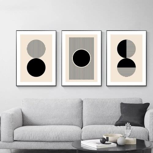 Beige Black Geometry Wall Art Print Abstract Sun Poster Lines Stripes Canvas Painting Minimalist Wall Pictures Living Room Decor