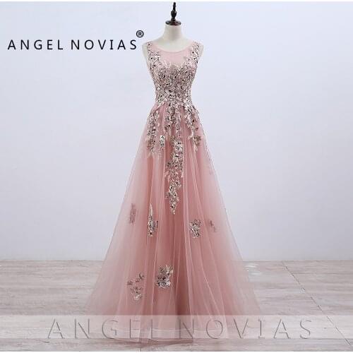 Long Dusty Pink Elegant Prom Dresses 2020 Lace Appliques Beaded Evening Gown Angel Novias