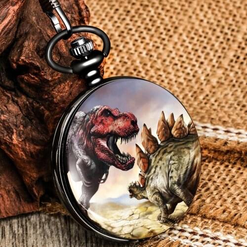 Two Roaring Dinosaurs Practical Alloy Case Flip-top Quartz Pocket Watch Simple White Dial Hollow Hands Portable Pendant Watch