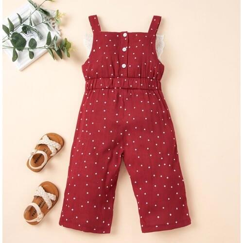 Toddler Kid Girl Jumpsuits Polka Dot Lace Rompers Sleeveless Ruffle Lace Trim One-Piece Strap Overalls Outfits 1-6Years