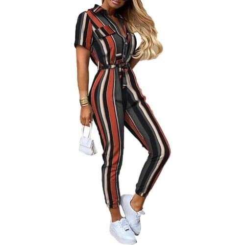 Office Lady Jumpsuit Women Fashion Short Sleeve V Neck Solid Stripes Print Button Belt One pcs Jumpsuits female