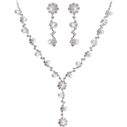 3Pcs Necklace Jewelry Set Faux Pearls Decorations Anniversary Gift Rhinestone Choker Necklace Dangle Earrings Set for Banquet