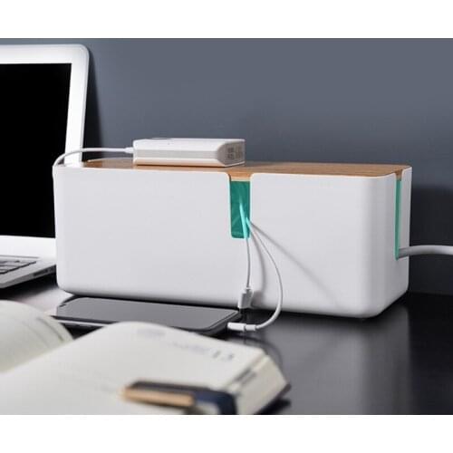 Cable Management Storage Box with Wooden Style Lid Power Socket Strip Cord Organizer Case Bin Charger Wires Hider for Home