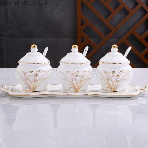 Kitchen Supplies Ceramic Seasoning Jar with Lid Spoon Seasoning Box Salt Monosodium Glutamate Storage Jar Kitchen Accessories