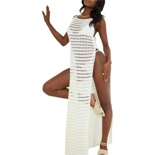 Summer Women Long Dress Hollow Out Ladies Sleeveless Crochet High Split Dresses Bikini Cover Up Holiday Maxi Dresses Beach Wear
