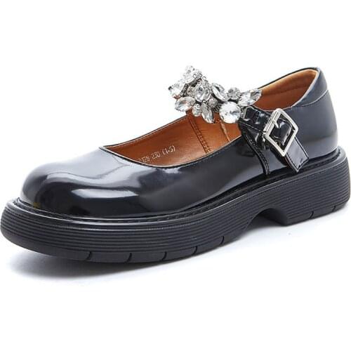 Japanese Style Simple Fashion Women Loafers Genuine Leather Mary Janes Party Shoes Black White Crystal Flats Casual Oxford Shoes