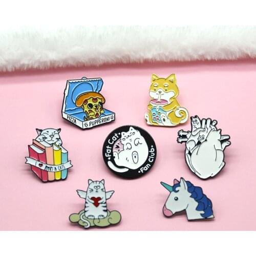 Fashion Cartoon Books Cat Metal Enamel Brooch Creative Pizza Dog Tai Chi Badge Pin Kawaii Trendy Lapel Backpack Jewelry Gift