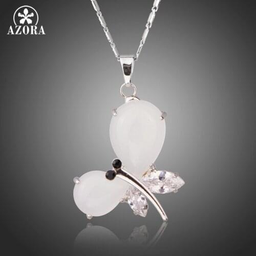 AZORA Imitation Opal with Clear Cubic Zirconia Dragonfly White Gold Color Pendant Necklace for Gift TN0183