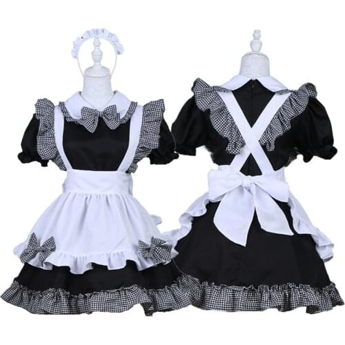 Lolita Plaid Bowknot Ruffles French Maid Dress Cute Girls Cosplay Waitress Maid Uniforn Amine Costumes Party Outfit Drop ship