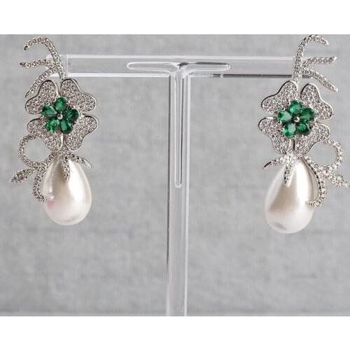 Teardrop Green White Sea Shell Pearl Cz Pave Flower Earrings