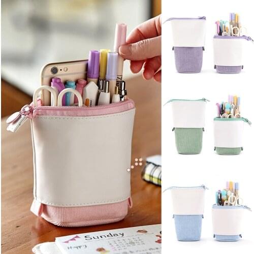 Pop-up Pencil Pen Case Telescopic Holder Stationery Case PU Corduroy Stand-up Transformer Bag Large Capacity Gift for Kids