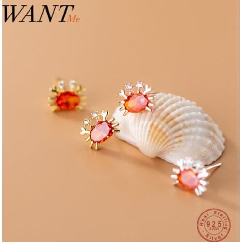 WANTME Stud Earrings for Women 925 Sterling Silver Cute Red Zircon Ocean Crab Chic Earring Teen Student Party Jewelry Gift