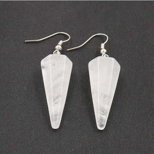 YJXP Silver Plated Hexagon Pyramid Natural Rock Crystal Dangle Earrings For Women Jewelry