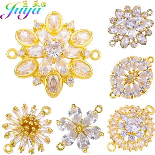 Juya Handmade Jewelry Material Supplies Gold Cubic Zirconia Flower Charm Connectors For DIY Bracelets Earrings Making