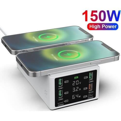 ILEPO 6 Ports 150W USB Charger Dual Wireless Wharging For iPhone 12 Pro Max PD 65W 45W Charging Station For Macbook Air Huawei