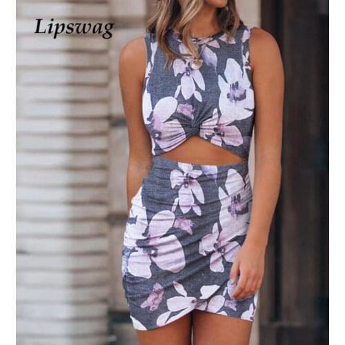 Women Sexy Twist Hollow Out Party Dress Fashion Lady O Neck Tank Slim Bodycon Dress Casual Vintage Print Sleeveless Summer Dress