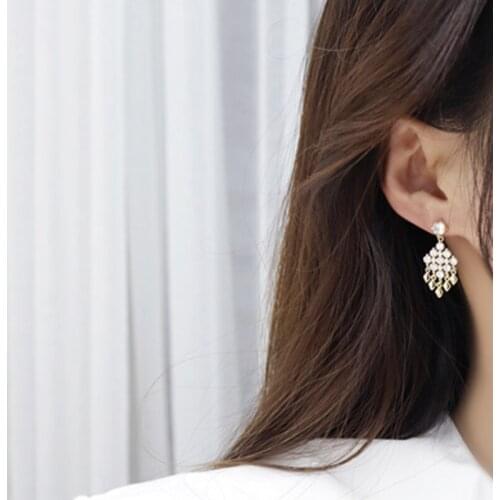 14k Real Gold Plating Korean Sparkling Zircon Tassel Earrings Women Noble Elegant Birthday Gift Jewelry