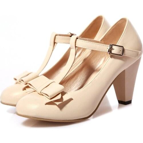 AGODOR New Brand Ladies Lolita Shoes t strap high heels pumps mary jane block heels women shoes black pink big size