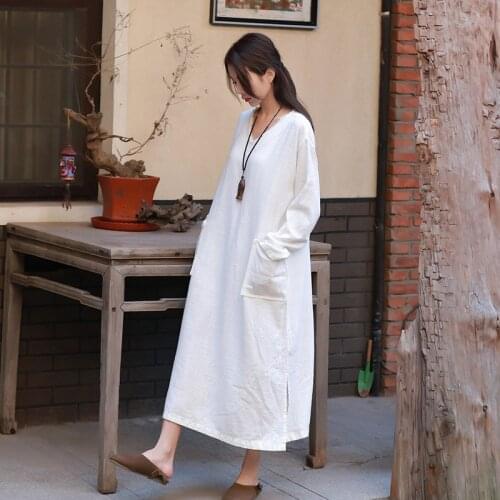 ARANSUE New 2019 spring summer women robe Big size retro female Dresses v collar long dress chinese style clothes