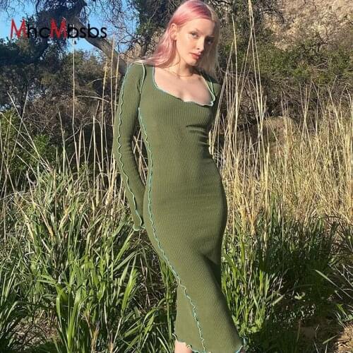 Women Square Neck Trim Midi Dress Sexy Ribbed Long Sleeve Bodycon Pencil Dresses 2021 Autumn Elegant Fairy Grunge Clothes