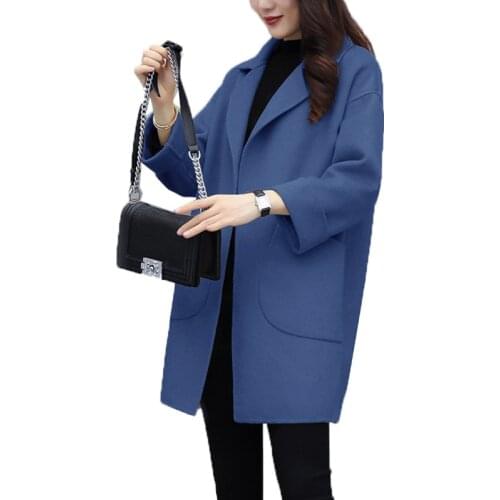 Fashion Women Blended Woolen Coat Womens Jacket NEW 2020 Spring Autumn Mid-Long Slim blue black Wool Female Coats Outwear W161