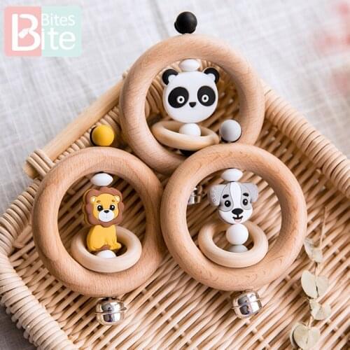 Bite Bites1pc Baby Teether Animal Rattle Bell Lion King Toys Beech Wooden Ring Food Grade Silicone Rodent Beads ChildrenS Goods