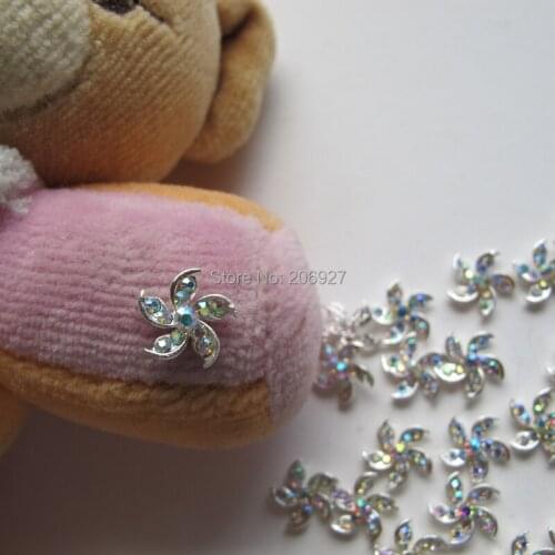 MD-394 10pcs Fancy AB Rhinestone Silver Flower Deco Metal Charms Metal Deco Charms Nail Art