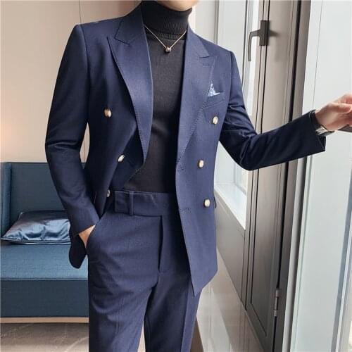 2Pieces (Jacket+Pant) Autumn Winter Fashion Double Breasted Thick Suit Men Clothing Simple Wedding Dress Business Formal Wear