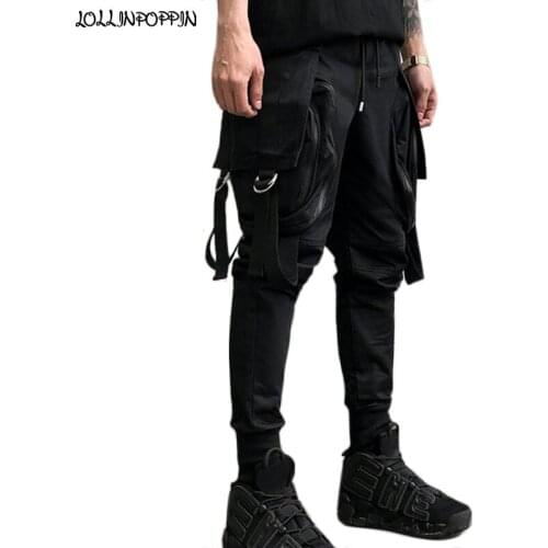 Punk Men Cargo Pants Streetwear Mens Jogger Pants Drawstring Elastic Waist Side Flap Pockets Tapered Casual Pants Hip Hop