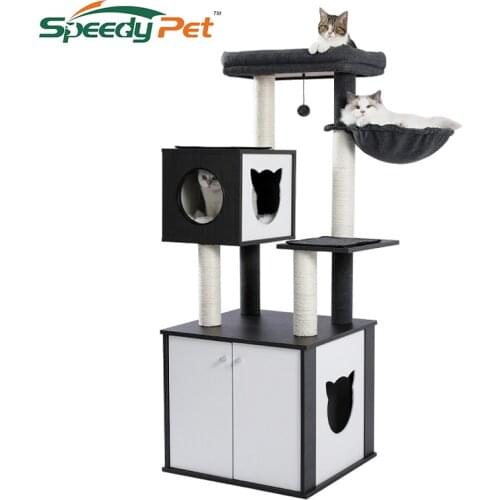 Wood Cat Scratcher Luxury Cat Tree Condo Kitten Nest Climbing Tower with Scratching Post Cat Toys Playing Platform House