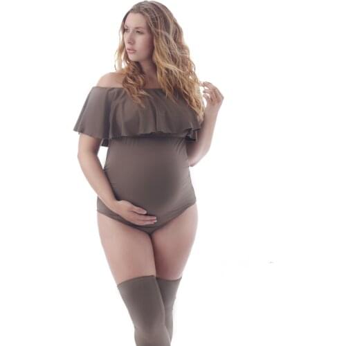 Stretchy Summer Maternity Photo Shooting Bodysuit Slash Neck Ruffles Pregnant Woman Jumpsuit For Photography