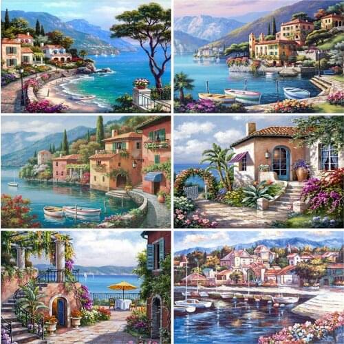 EverShine 5D DIY Diamond Painting House Full Drill Diamond Mosaic Landscape Beaded Embroidery Seaside Town Decor For Home